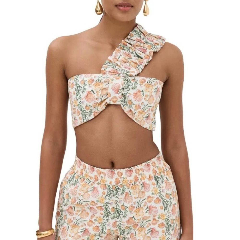 Dur Doux Sz M Shell Print Ruffle Bandeau Top One-Shoulder Asymmetric Nwt
